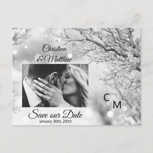 Winterschneeflocken Hochzeit RETTE UNSER DATUM | F Ankündigungspostkarte (Vorderseite)
