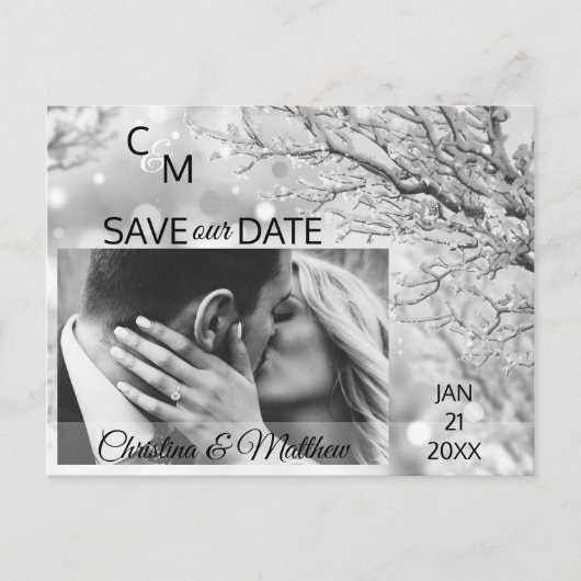 Winterschneeflocken Hochzeit RETTE UNSER DATUM | F Ankündigungspostkarte (Vorderseite)