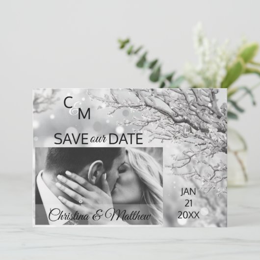 Winterschneeflocken Hochzeit RETTE UNSER DATUM | F Save The Date (Stehend Vorderseite)