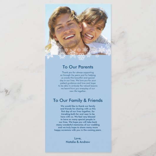 Winterschneeflocken Hochzeitsprogramm Foto Sake ha Programm (Rückseite)