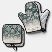 Winterschneeflocken im dunklen grünen Ombre Weihna Ofenhandschuh & Topflappen-Set (Vorderseite/Rückseite)