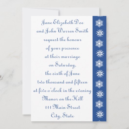 Winterschneeflocken in Blue Wedding Einladung (Vorderseite)