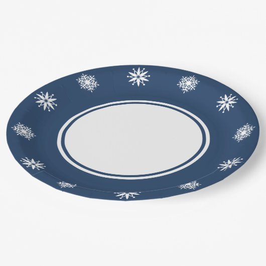 Winterschneeflocken in der Navy-Papierplatte Pappteller (Schrägansicht)