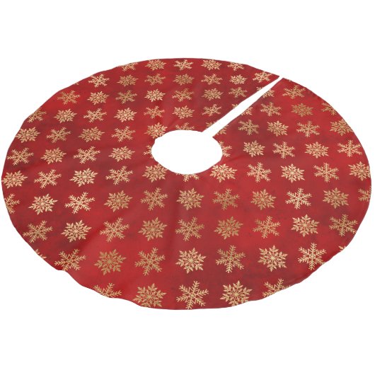 Winterschneeflocken in Rot und Gold Polyester Weihnachtsbaumdecke (Schrägansicht)