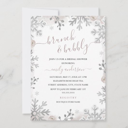 Winterschneeflocken mit Silberblütenbrunch und Bub Einladung (Vorderseite)