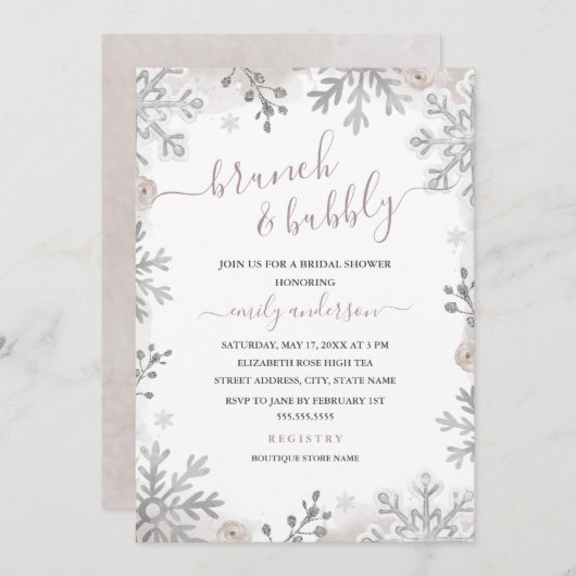 Winterschneeflocken mit Silberblütenbrunch und Bub Einladung (Vorne/Hinten)