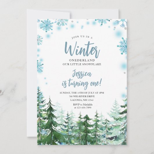 Winterschneeflocken Onederland 1. Geburtstag Einladung (Vorderseite)