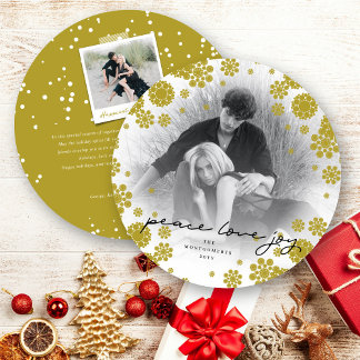 Winterschneeflocken Peace Liebe Joy Elegantes Foto Feiertagskarte