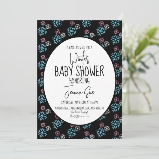 Winterschneeflocken Pink Blue Baby Dusche Schwarz Einladung (Stehend Vorderseite)