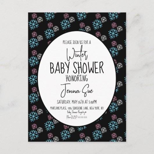 Winterschneeflocken Pink Blue Baby Dusche Schwarz Postkarte (Vorderseite)