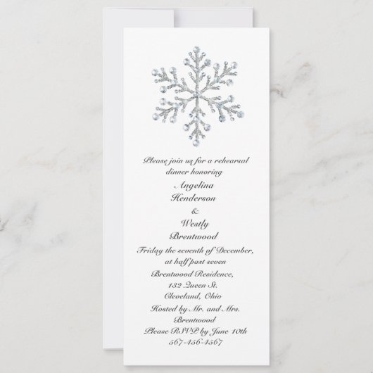 Winterschneeflocken Probe Abendessen Einladung (Vorderseite)