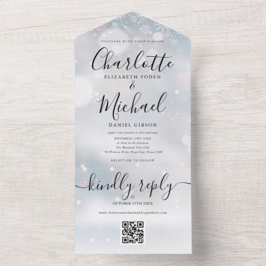 Winterschneeflocken QR-Code Hochzeit All In One Einladung (Innen Boden)