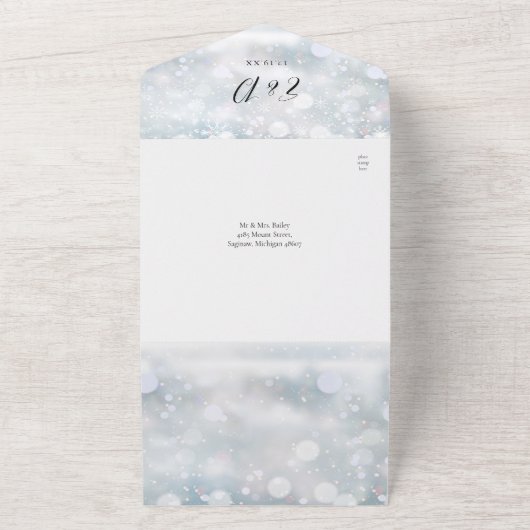 Winterschneeflocken QR Code Skriptherzen Hochzeit All In One Einladung (Außenbereich)