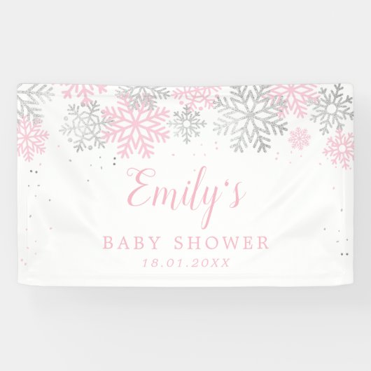 Winterschneeflocken Rosa und Silber Girl Babydusch Banner (Horizontal)