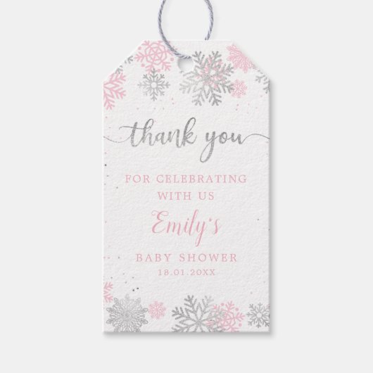 Winterschneeflocken Rosa und Silber Girl Babydusch Geschenkanhänger (Vorderseite)