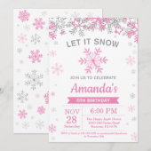 Winterschneeflocken Rosa und Silbermädchen Geburts Einladung (Vorne/Hinten)