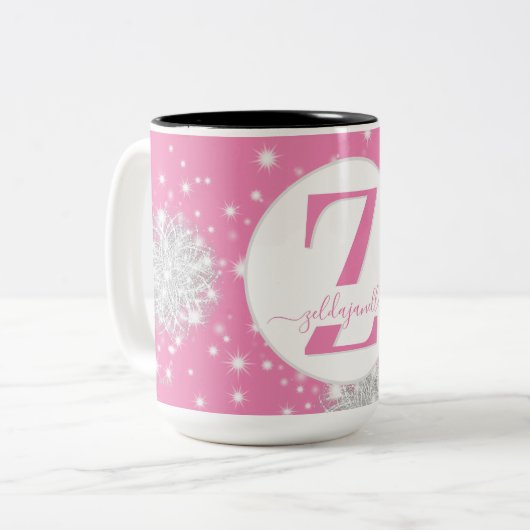 Winterschneeflocken Rosa & Weiß Monogramm & Name Zweifarbige Tasse (Vorderseite Links)