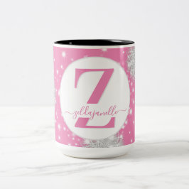 Winterschneeflocken Rosa & Weiß Monogramm & Name Zweifarbige Tasse