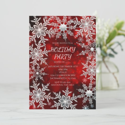 Winterschneeflocken Rote Feier Einladungen (Stehend Vorderseite)