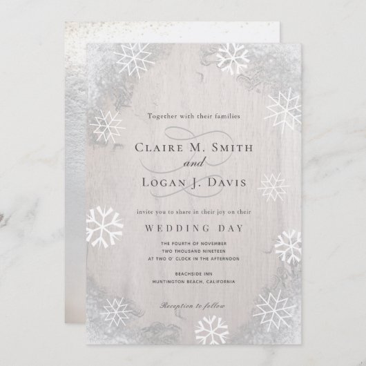 Winterschneeflocken Rustikale Hochzeit aus hellem, Einladung (Vorne/Hinten)