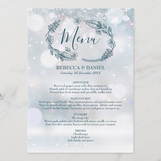 Winterschneeflocken Rustikale Hochzeit Menükarte (Vorderseite)