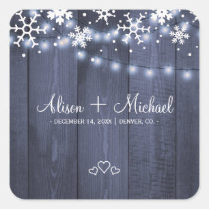 Winterschneeflocken Rustikale Holzherzen Hochzeit Quadratischer Aufkleber