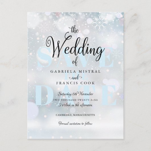 Winterschneeflocken Save the Date Ankündigungspostkarte (Vorderseite)