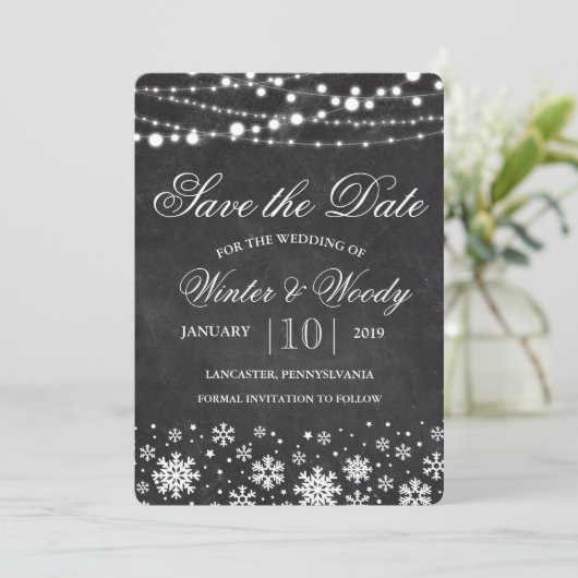 Winterschneeflocken Save the Date Einladung (Stehend Vorderseite)