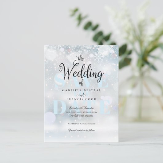 Winterschneeflocken Save the Date Karte (Stehend Vorderseite)