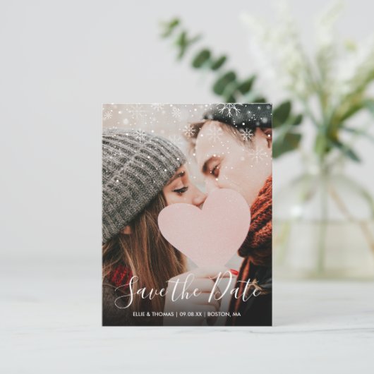 Winterschneeflocken Script-Foto Save the Date Ankündigungspostkarte (Stehend Vorderseite)