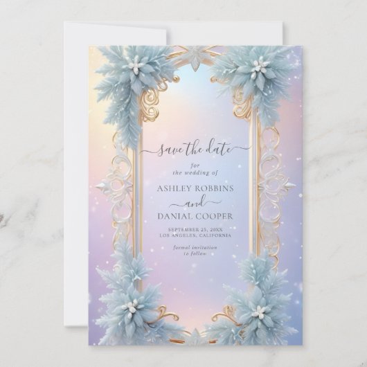 Winterschneeflocken und blaue Florals Save the Dat Einladung (Vorderseite)