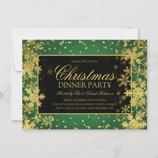 Winterschneeflocken zum Abendessen mit grünem Gold Einladung (Vorderseite)