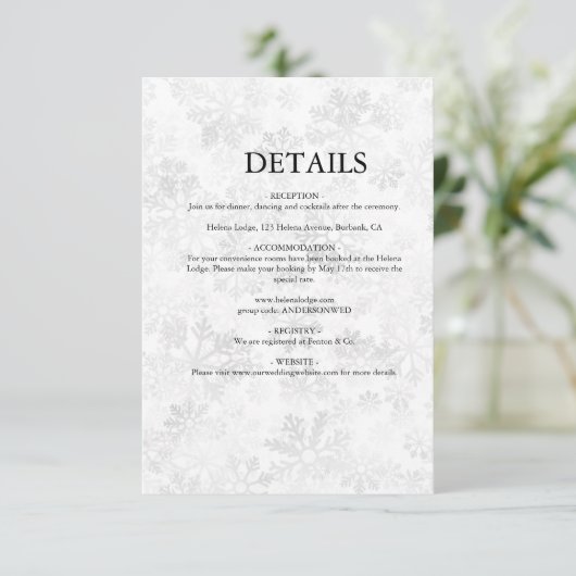 Winterschneeflockenhochzeit Begleitkarte (Stehend Vorderseite)