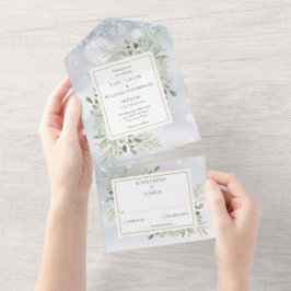 Winterschneegrün-Monogramm-Hochzeit All In One Einladung