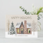 Winterschneehaus Pine Tree Happy Holidays Feiertagskarte (Stehend Vorderseite)