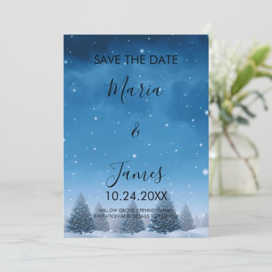 Winterschneehochzeit Save The Date (Stehend Vorderseite)