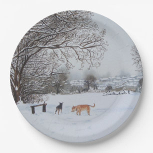 Winterschneelandschaft mit Baumhunden Pappteller