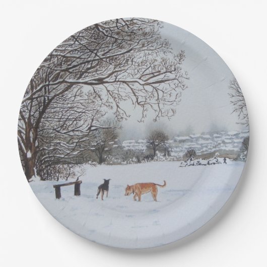 Winterschneelandschaft mit Baumhunden Pappteller (Vorderseite)