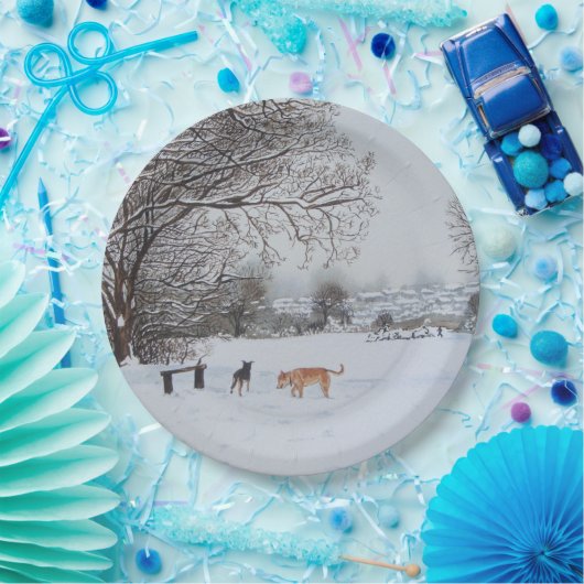 Winterschneelandschaft mit Baumhunden Pappteller (Party)