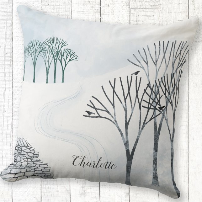Winterschneelandschaft Personalisierte Malerei Kissen (Winter landscape snow scene personalized custom name throw pillow)