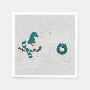 Winterschneemann und Hauskranz im Aquamarinen Urla Serviette