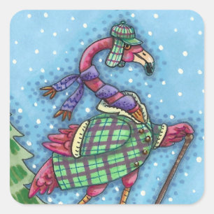 WINTERSCHNEESCHUHE, ROSA FLAMINGO, SÜßE WEIHNACHTE QUADRATISCHER AUFKLEBER