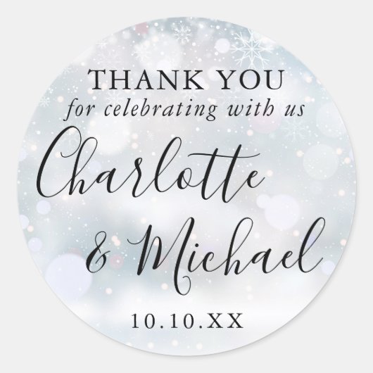 Winterschneesignatur Gastgeschenk Hochzeit Danke Runder Aufkleber (Vorderseite)