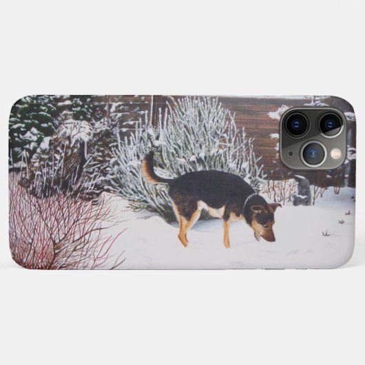 Winterschneeszene mit niedlichem Schwarz-Bein-Hund Case-Mate iPhone Hülle (Rückseite (Horizontal))