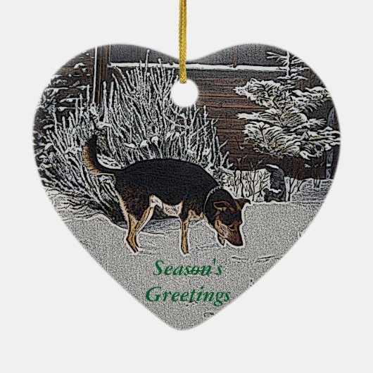 Winterschneeszene mit niedlichem Schwarz und einem Keramik Ornament (Hinten)