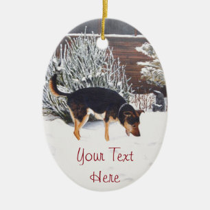 Winterschneeszene mit niedlichem schwarzem und tan keramik ornament