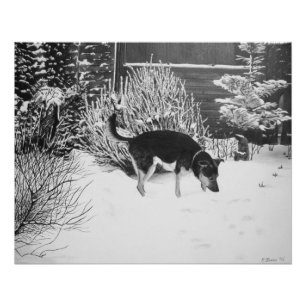 Winterschneeszene mit niedlichem schwarzem und tan poster