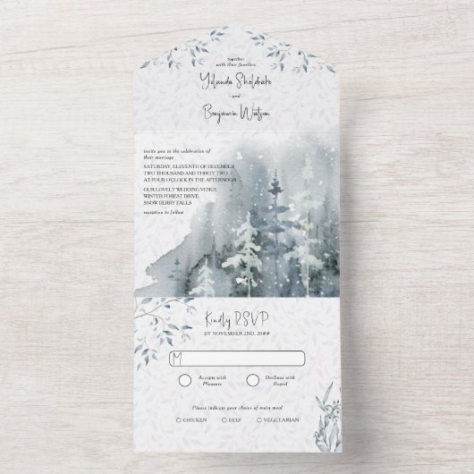 Winterschneewald-Hochzeit mit UAWG All In One Einladung (Innen)