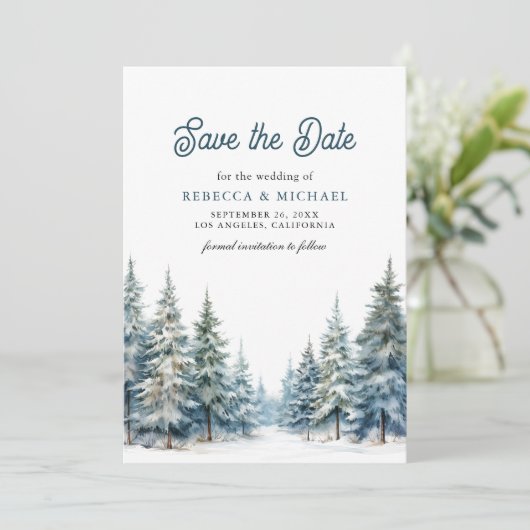 Winterschneewald QR-Code Hochzeitsstich-Foto Save The Date (Stehend Vorderseite)