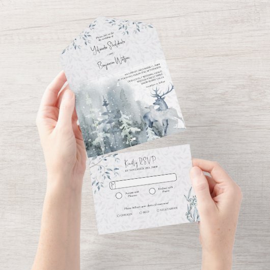 Winterschneewald und Hochzeit im Hirschwasser All In One Einladung (Abreißtisch)